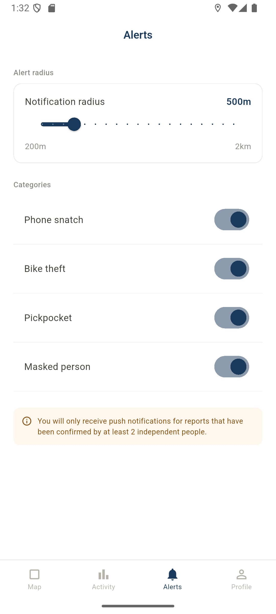 Alert settings with notification radius slider and category toggles