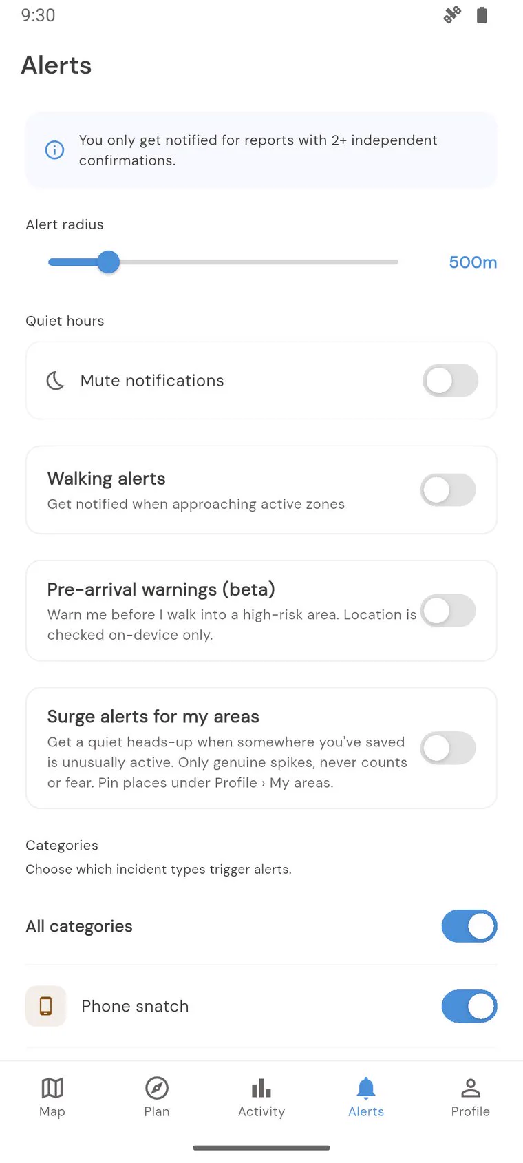 Alert settings with notification radius slider and category toggles