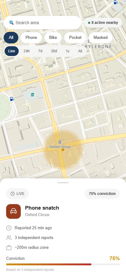 Zone detail sheet showing Bike Theft report with consensus data