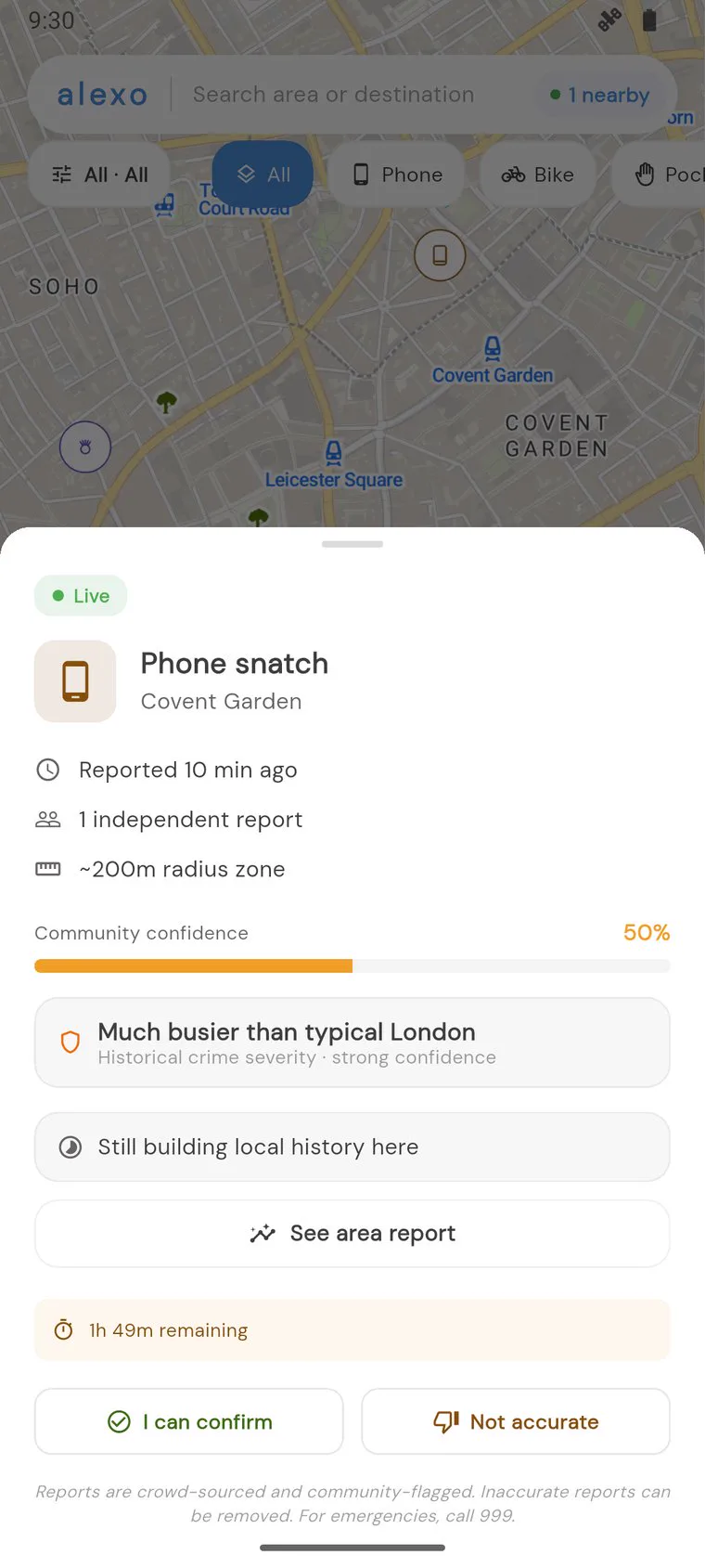 Zone detail sheet showing a live phone snatch report with community confidence and expiry countdown