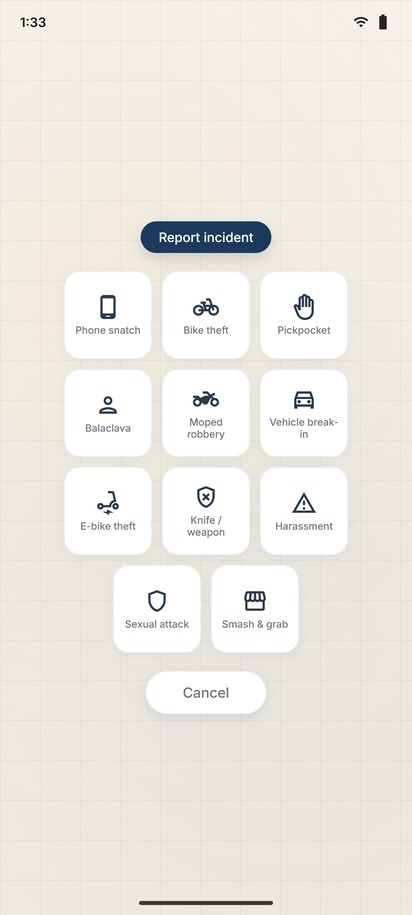 Report incident menu showing all 11 categories
