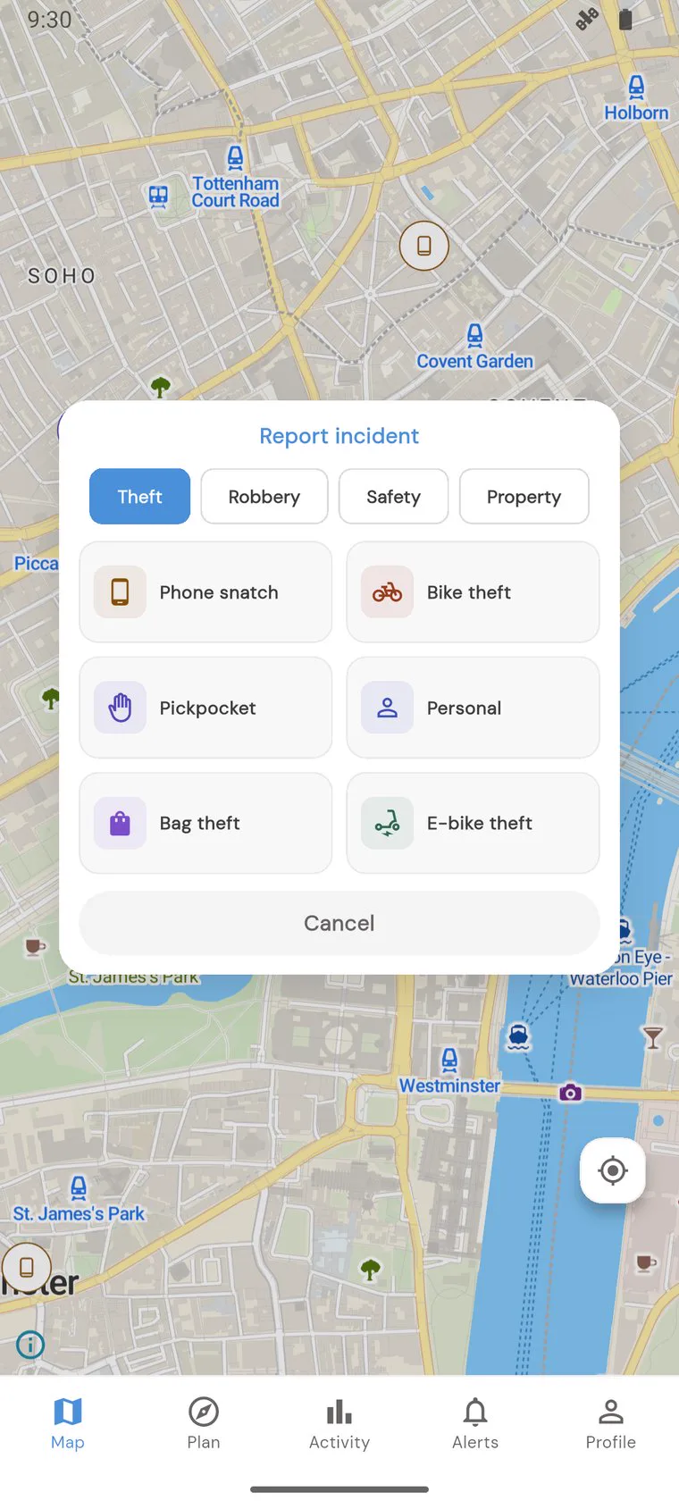 Report incident menu with categories grouped by theft, robbery, safety and property